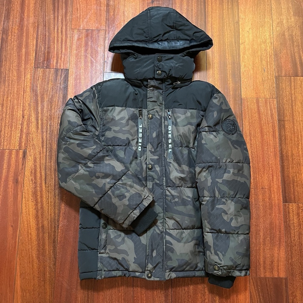 Diesel Jacket Kids Youth Large 14/16 Camo Puffer Winter Coat Detachable Hoodie
